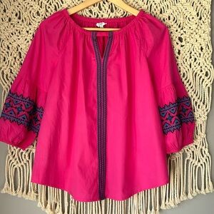 Crown & Ivy Bright Pink Embroidered Peasant Blouse Top